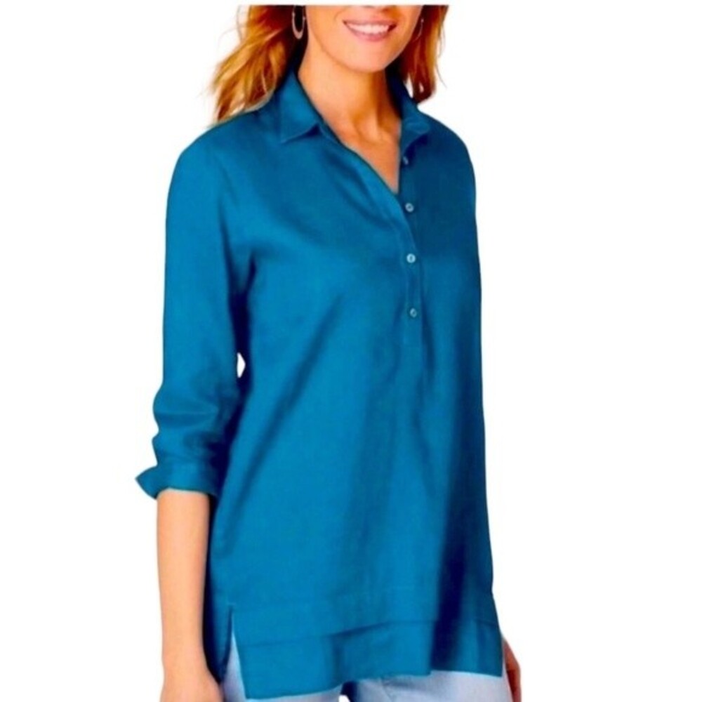 J Jill Love Linen Relaxed Tunic Top 3/4 Sleeve Popover Placket Collared High/Low